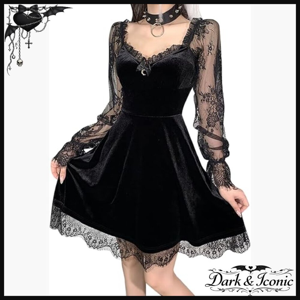 Gothic Velvet Midi Dress with Lace Long Sleeves, Flared A-Line Silhouette
